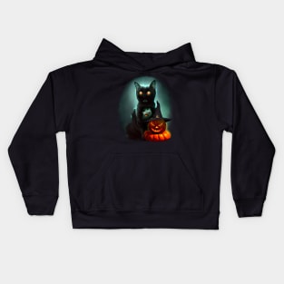 Vampire Cat and Wizard Pumpkin Halloween Surreal Art Kids Hoodie